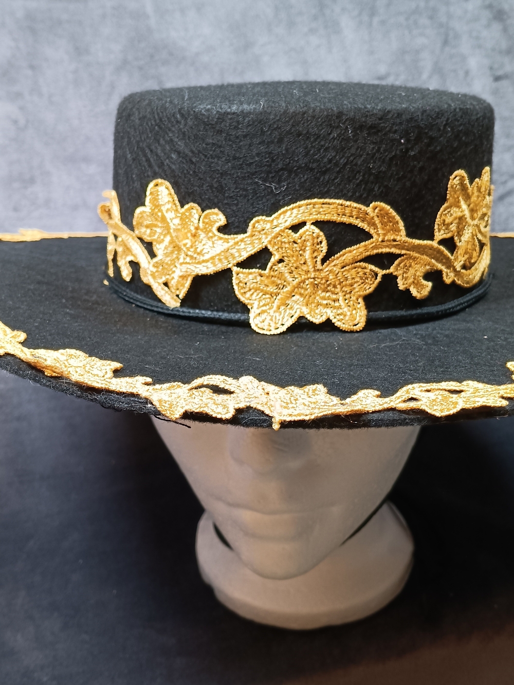 Zorro Black Wide-Brim Embroidered Floral Hat with Gold Trim